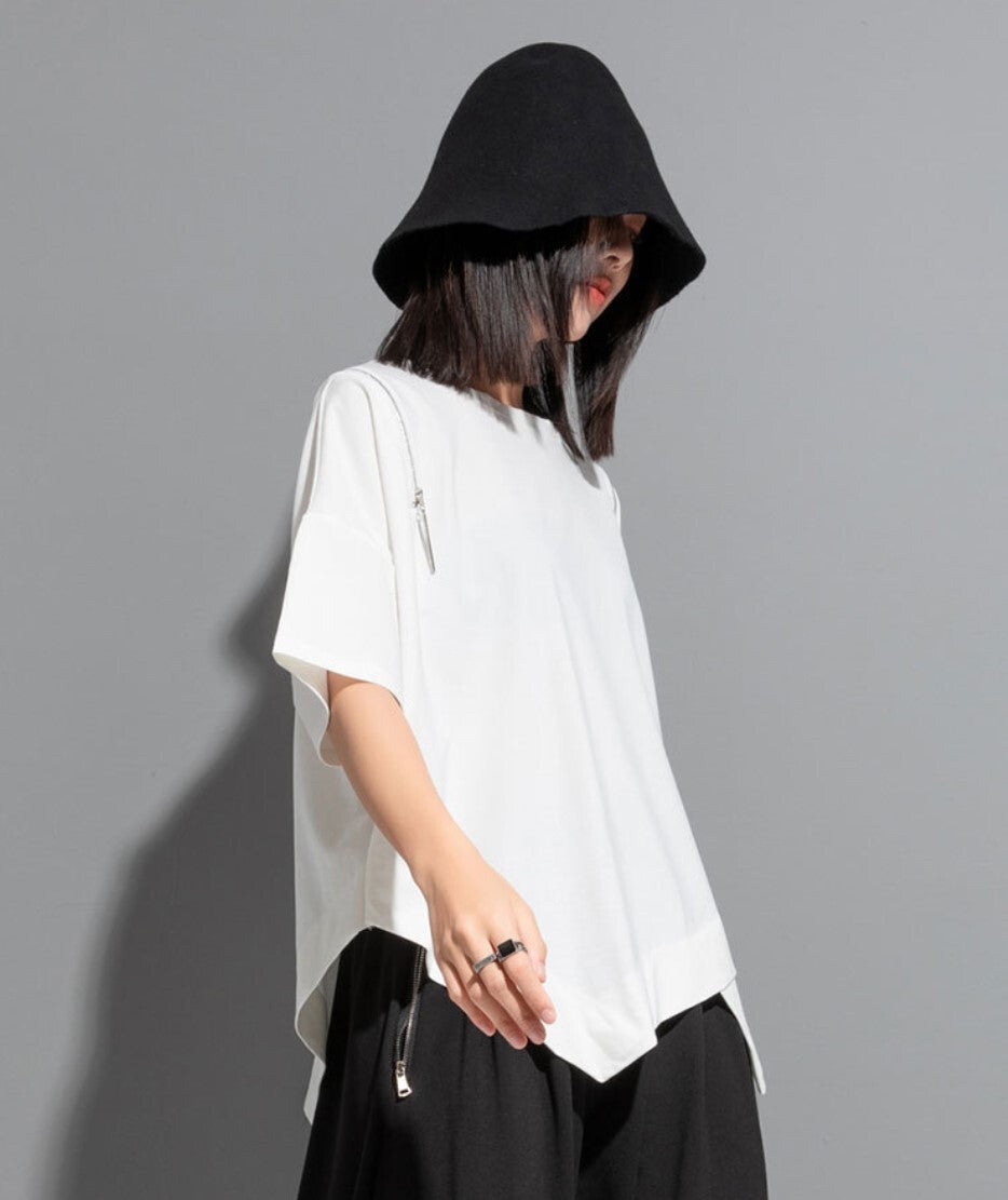 アシンメトリー半袖Tシャツ/カットソー ブラック ホワイト ／TEA