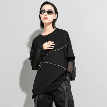 Tメッシュ仕様アシンメトリー長袖Tシャツ/カットソー ファスナー 黒 ブラック ／TEA