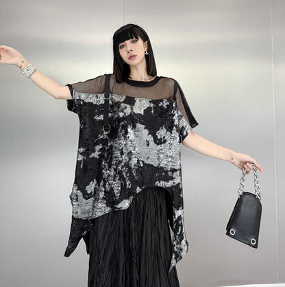 アシンメトリー半袖メッシュTシャツ ／TEA