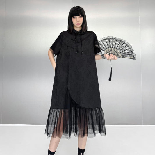 裾レース仕様アシンメトリーロングワンピース ブラック おしゃれ ／TEA