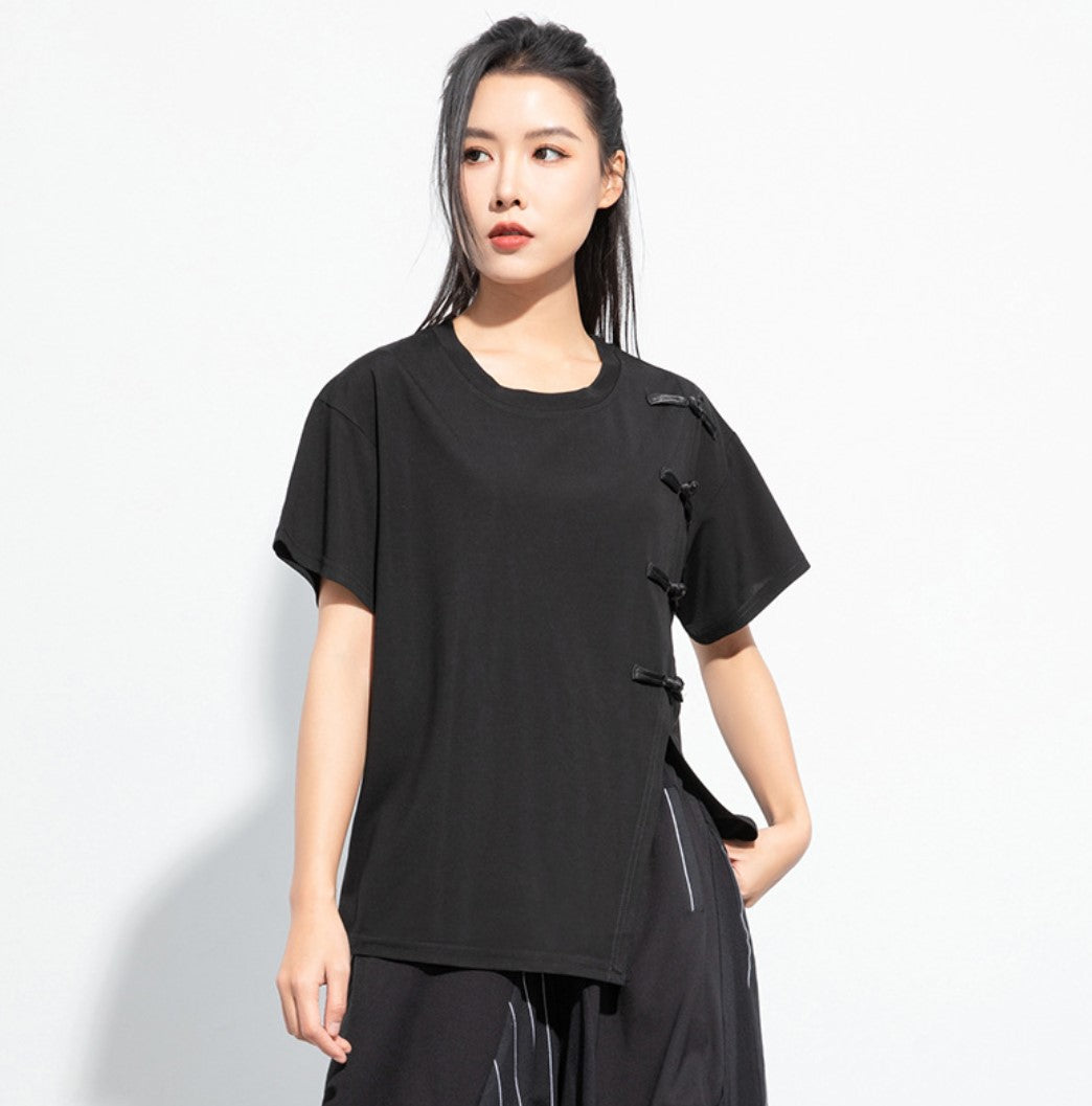 アシンメトリーカジュアルTシャツ/カットソー バックル ／TEA