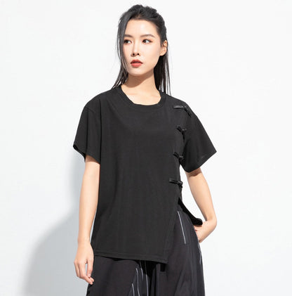 アシンメトリーカジュアルTシャツ/カットソー バックル ／TEA