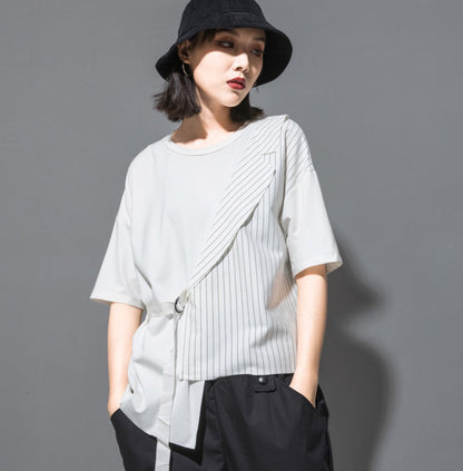ストライプ模様アシンメトリーTシャツ/カットソー ／TEA