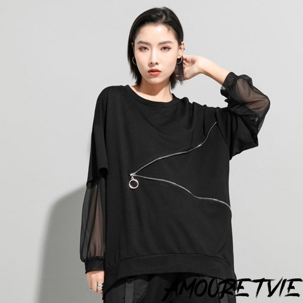 Tメッシュ仕様アシンメトリー長袖Tシャツ/カットソー ファスナー 黒 ブラック ／TEA