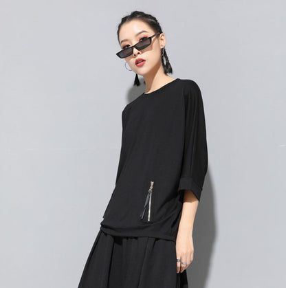 ファスナー付き七分袖Tシャツ/カットソー 黒 ブラック ／ユニセックス モレビー