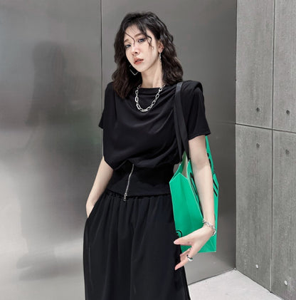 モダンおしゃれ半袖シャツ/カットソー ブラック 黒 ／TEA