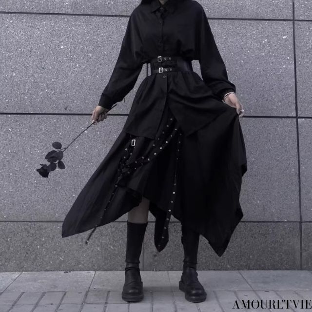 中性的 長袖シャツ ロングスカート ベルト付き ブラック ゴシック ／TEA