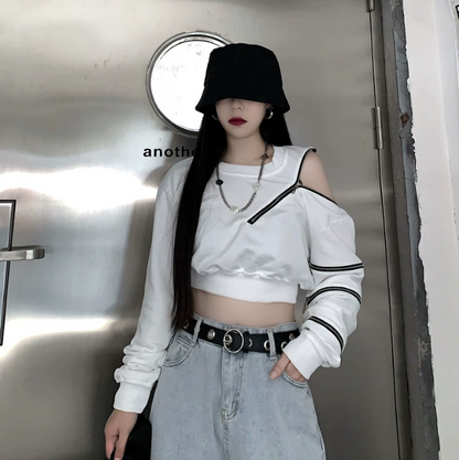 アシンメトリーTシャツ/カットソー ショート丈 ストリート ／TEA