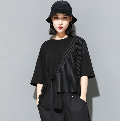 ストライプ模様アシンメトリーTシャツ/カットソー ／TEA