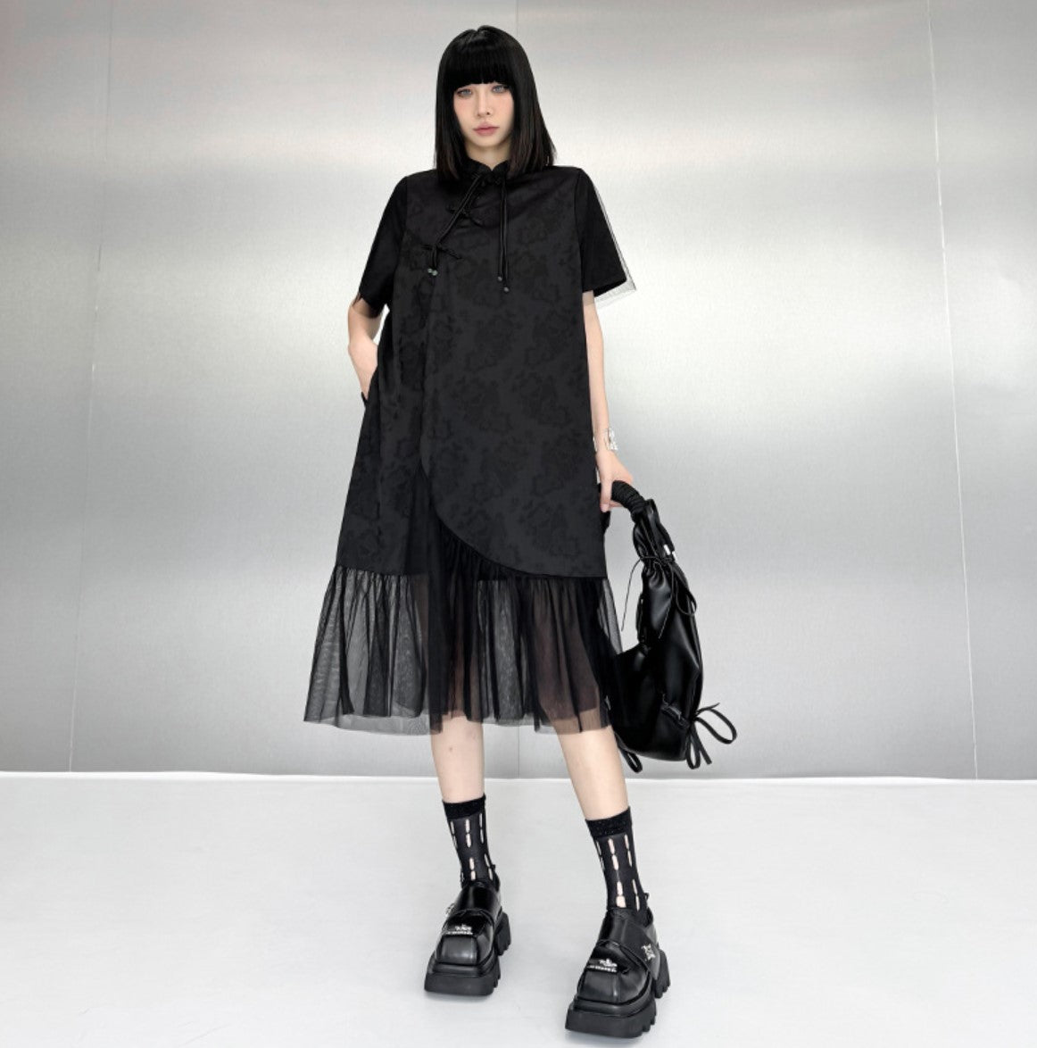 裾レース仕様アシンメトリーロングワンピース ブラック おしゃれ ／TEA