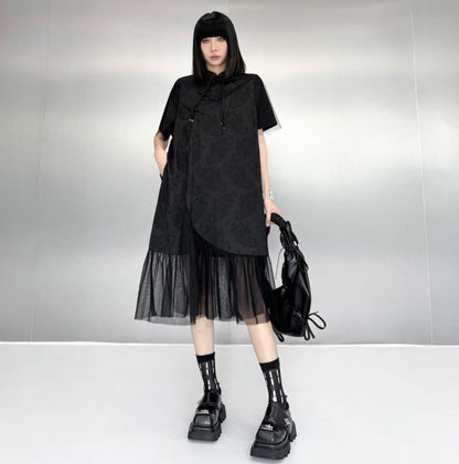 裾レース仕様アシンメトリーロングワンピース ブラック おしゃれ ／TEA