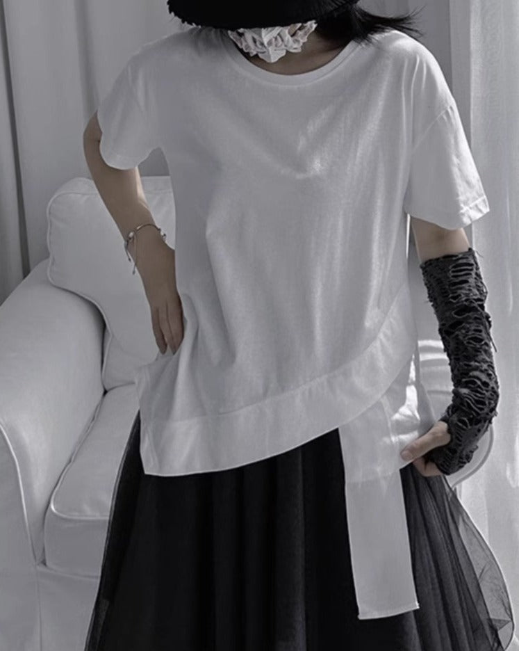 中性的 半袖アシンメトリーデザインTシャツ/カットソー ／TEA