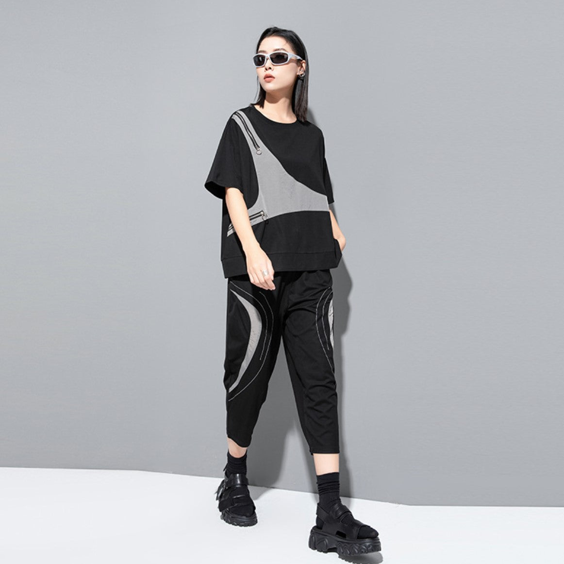 モノトーン半袖Tシャツ/カットソー ダブルファスナー ／TEA