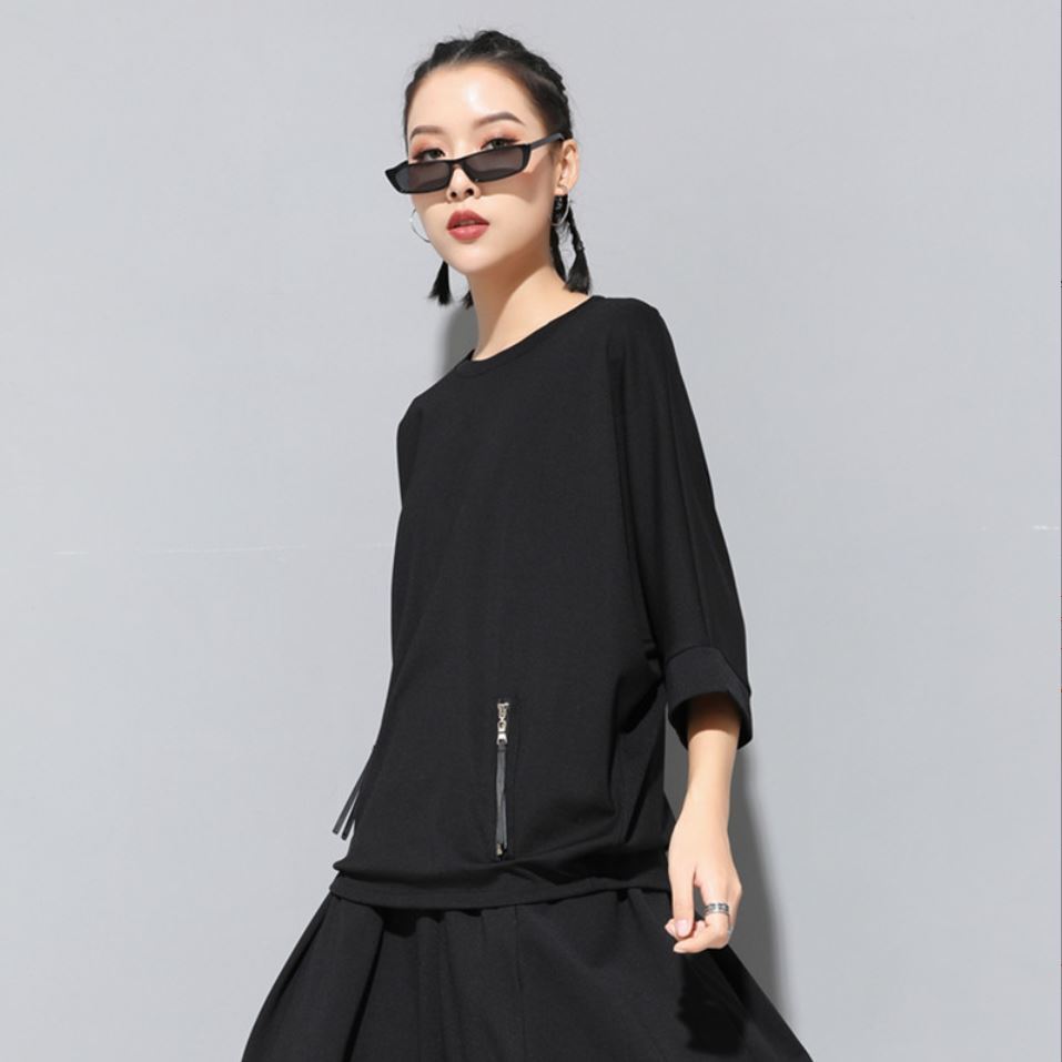 ファスナー付き七分袖Tシャツ/カットソー 黒 ブラック ／ユニセックス モレビー