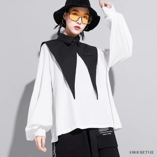 ロングTシャツ 長袖シャツ おしゃれ襟 セット モダン 白 ホワイト 黒 ブラック スタイリッシュ ／TEA