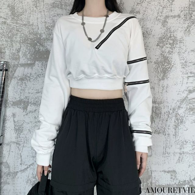 アシンメトリーTシャツ/カットソー ショート丈 ストリート ／TEA