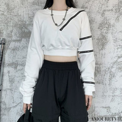アシンメトリーTシャツ/カットソー ショート丈 ストリート ／TEA