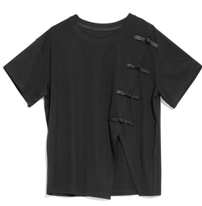 アシンメトリーカジュアルTシャツ/カットソー バックル ／TEA
