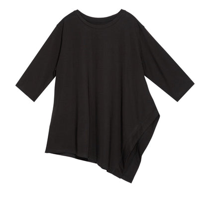 スリット入りTシャツ/カットソー アシンメトリー 七分袖 無地 ／TEA