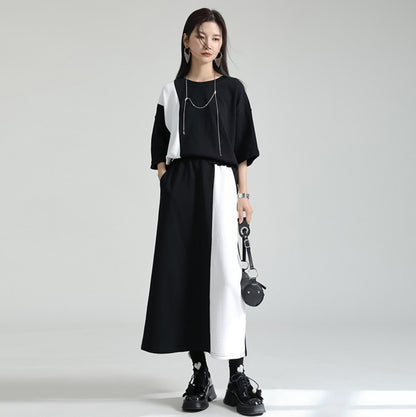 モノトーン上下セットアップ 半袖Tシャツ ロングスカート ／TEA