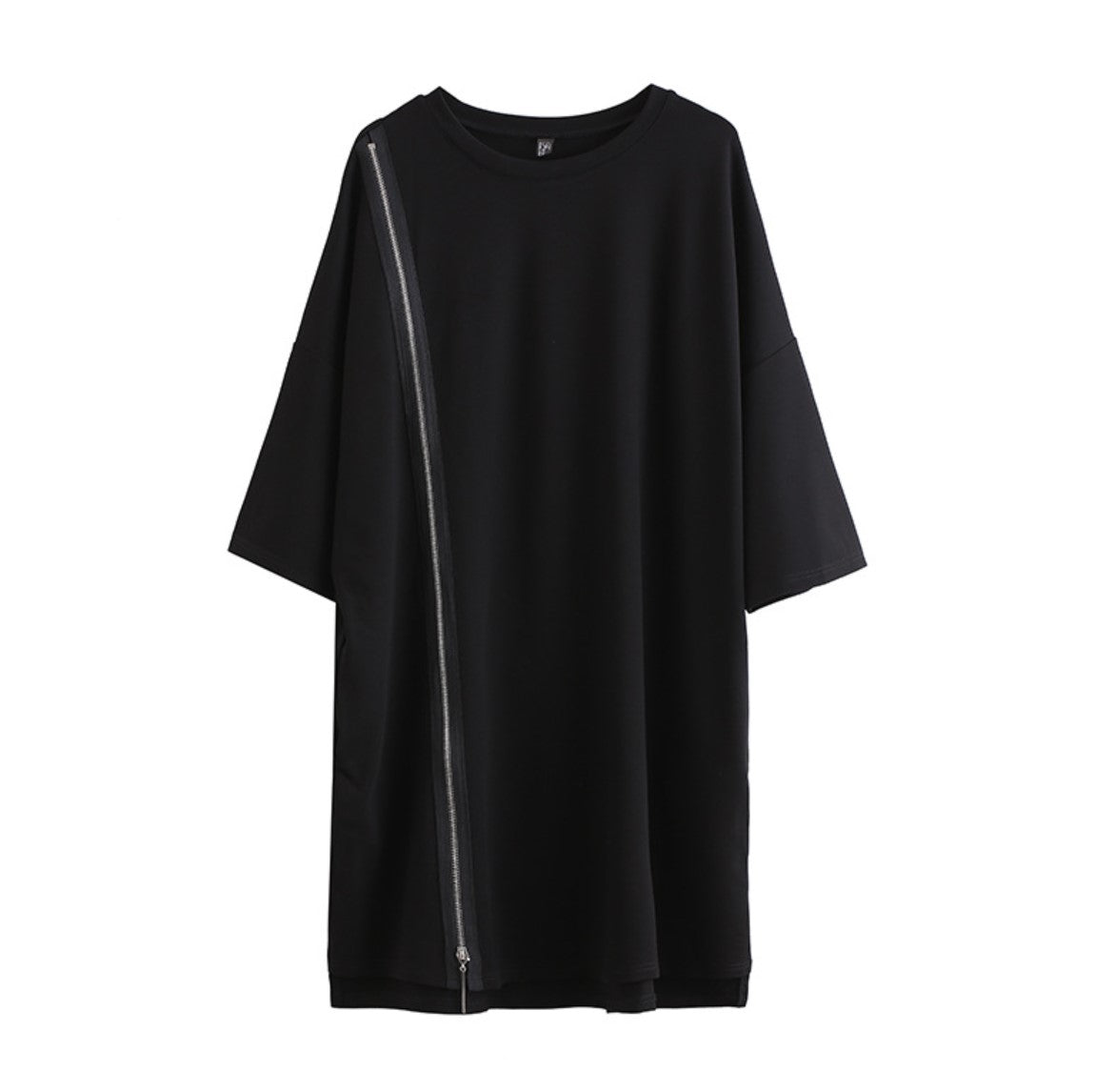 アシンメトリーブラックロングTシャツ おしゃれ モダン 個性 無地 ／TEA