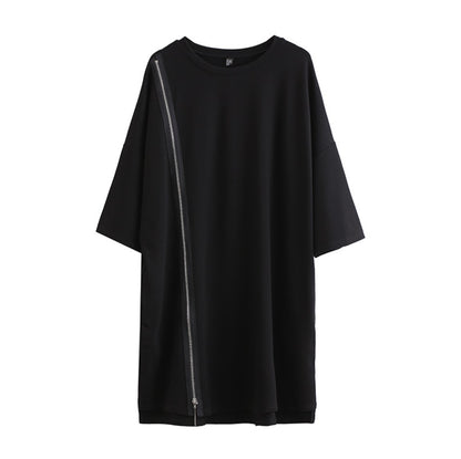 アシンメトリーブラックロングTシャツ おしゃれ モダン 個性 無地 ／TEA