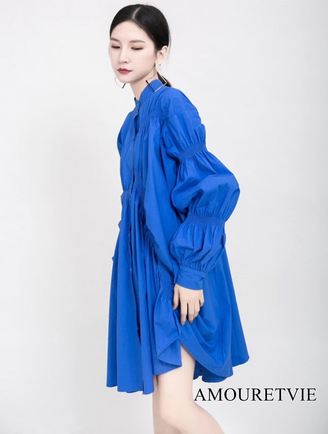 ミディ丈ギャザー仕様ワンピース アシンメトリーシャツワンピース ドレス ／TEA