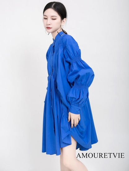 ミディ丈ギャザー仕様ワンピース アシンメトリーシャツワンピース ドレス ／TEA
