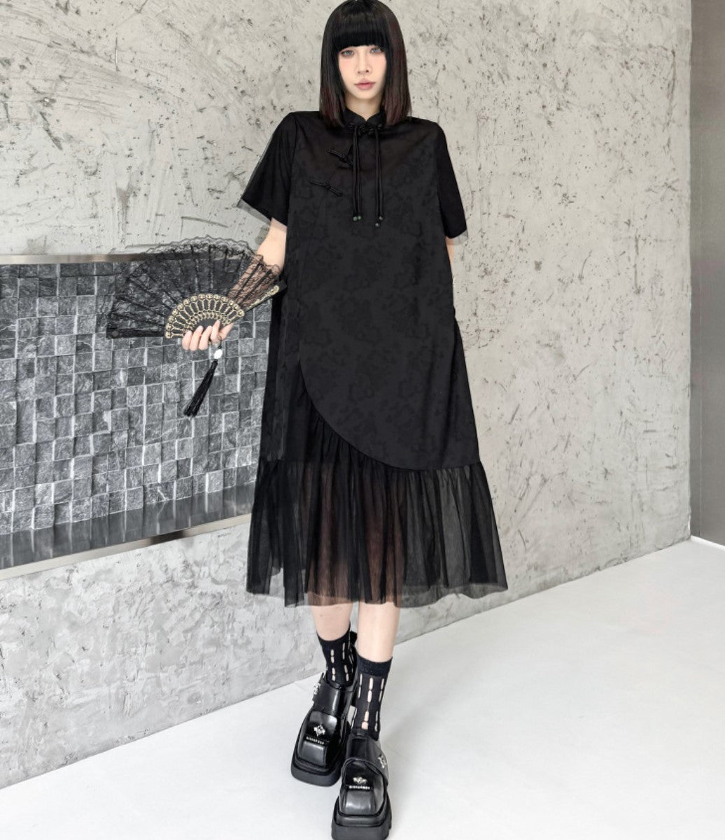 裾レース仕様アシンメトリーロングワンピース ブラック おしゃれ ／TEA