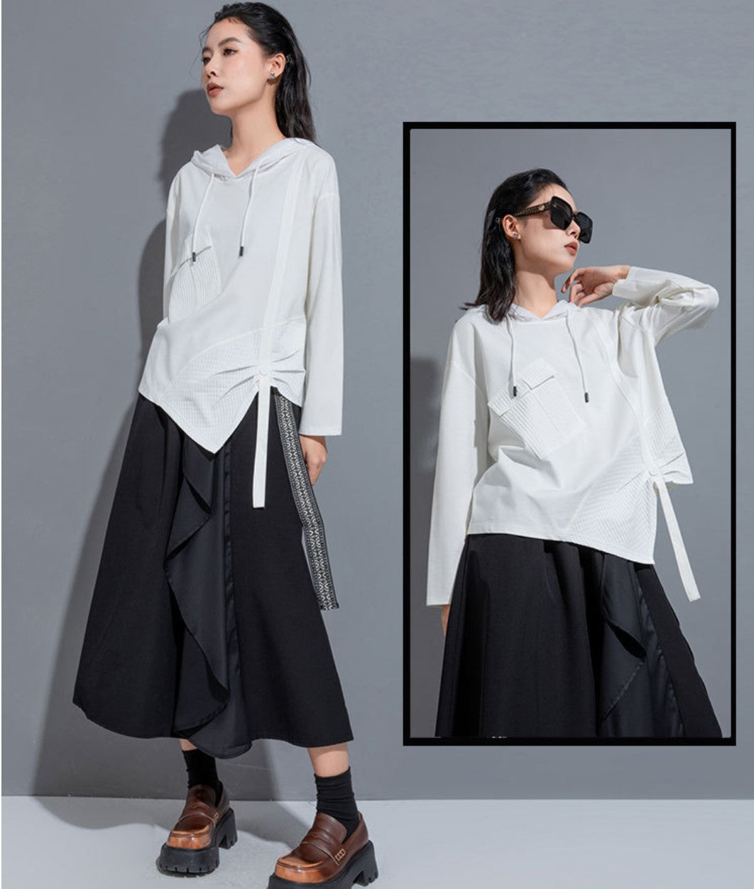 モダンアシンメトリー長袖Tシャツ/カットソー ブラック ホワイト ／TEA