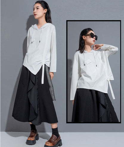 モダンアシンメトリー長袖Tシャツ/カットソー ブラック ホワイト ／TEA
