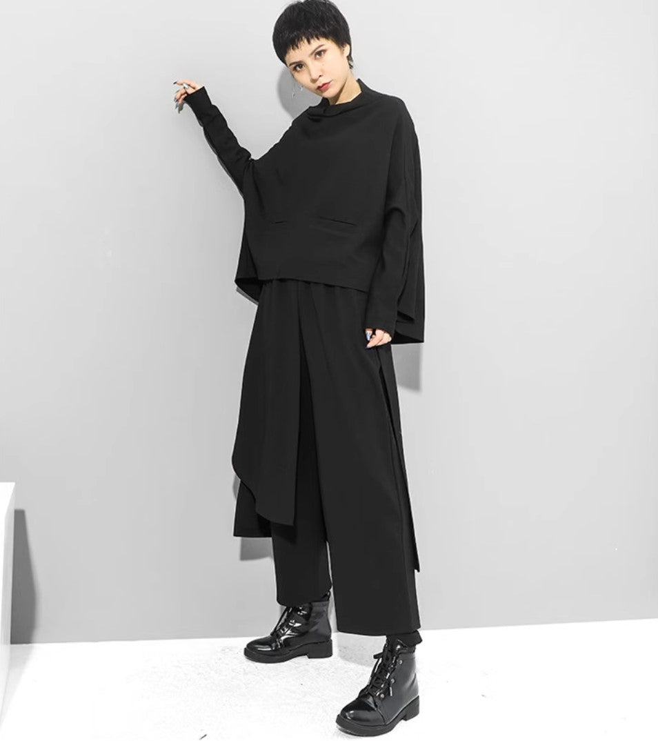 中性的 アシンメトリー袴パンツ フェイクレイヤード ブラック ９分丈 ／TEA