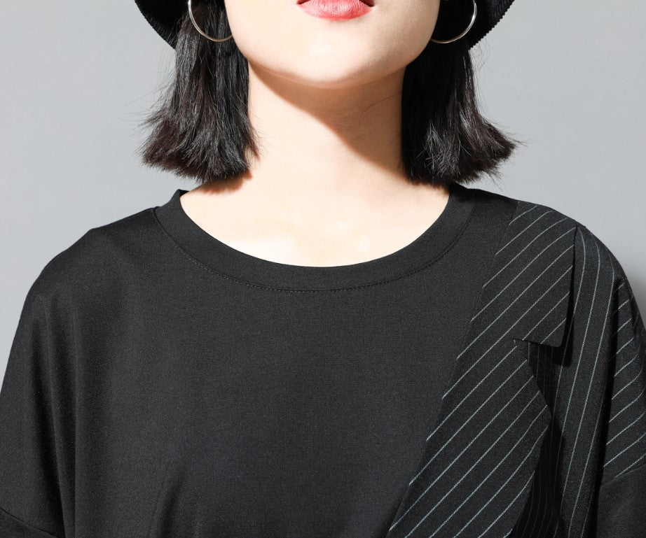 ストライプ模様アシンメトリーTシャツ/カットソー ／TEA