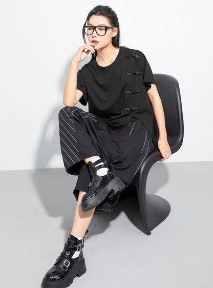 アシンメトリーカジュアルTシャツ/カットソー バックル ／TEA