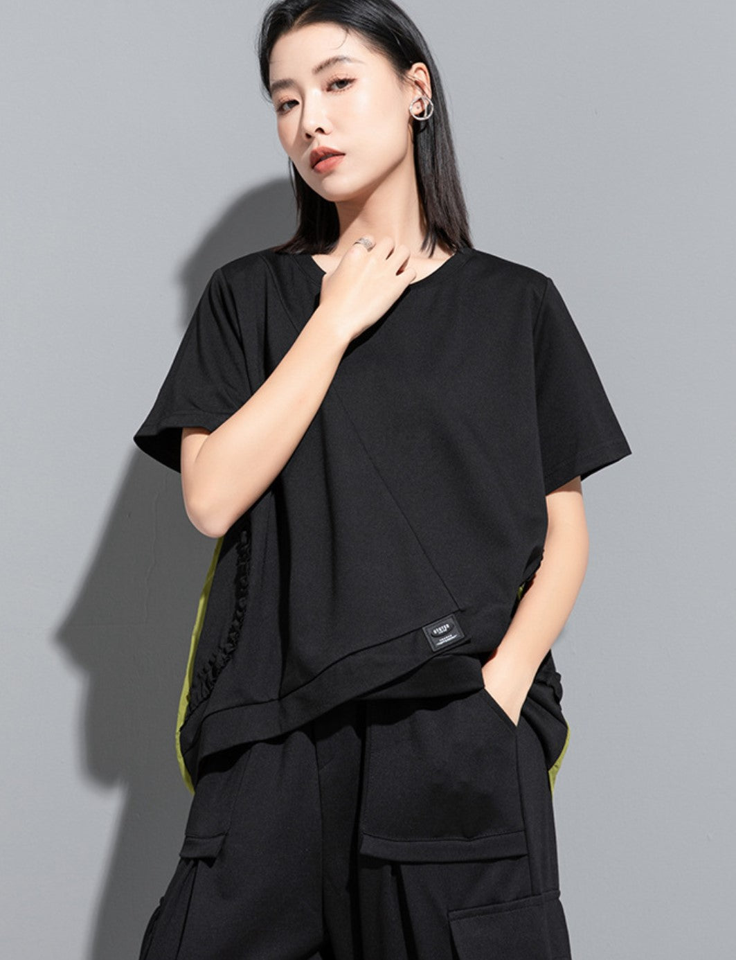 バイカラーTシャツ/カットソー アシンメトリー ギャザー ／TEA