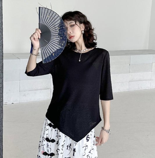 アシンメトリーメッシュ半袖Tシャツ シアーシャツ/カットソー 七分袖 ／TEA