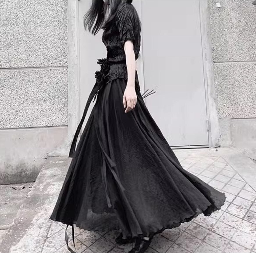中性的 和風ブラックロングスカート ゴシック 透け感 透明感 ／TEA