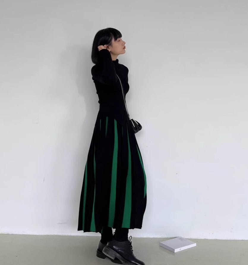 モノトーン白黒ストライプロングスカート Aライン ／TEA