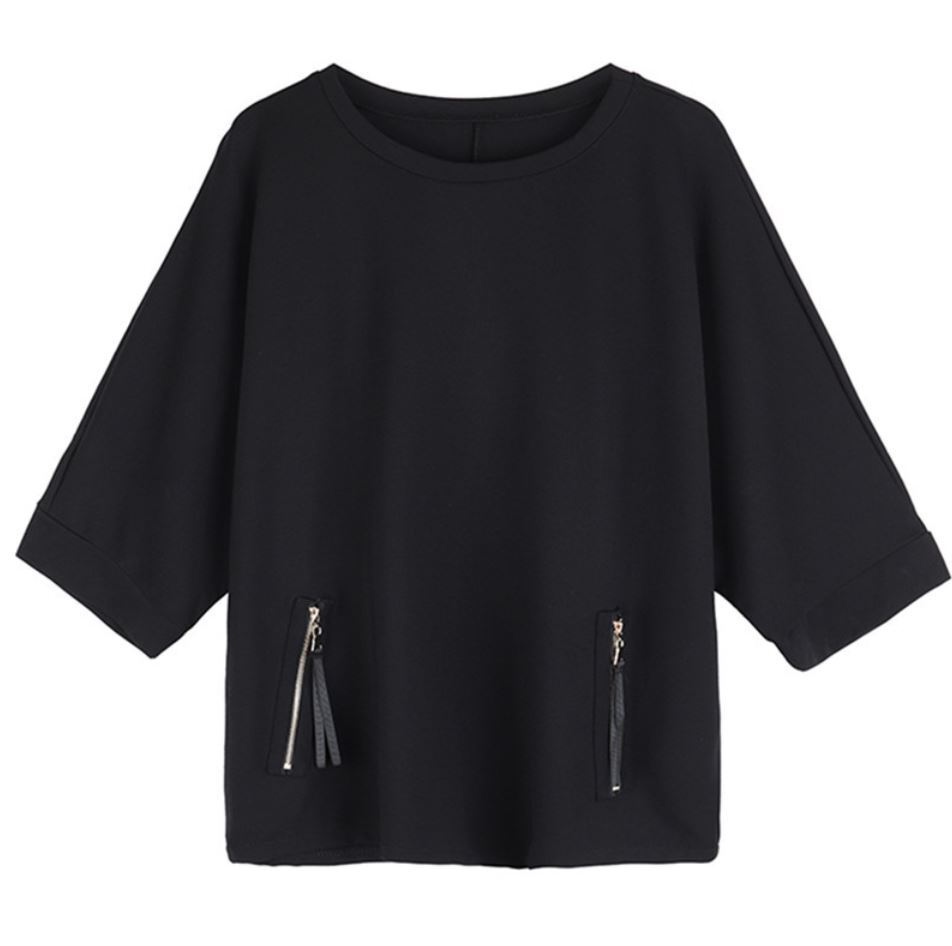 ファスナー付き七分袖Tシャツ/カットソー 黒 ブラック ／ユニセックス モレビー