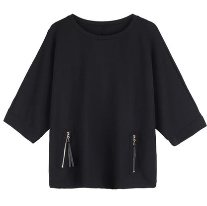 ファスナー付き七分袖Tシャツ/カットソー 黒 ブラック ／ユニセックス モレビー