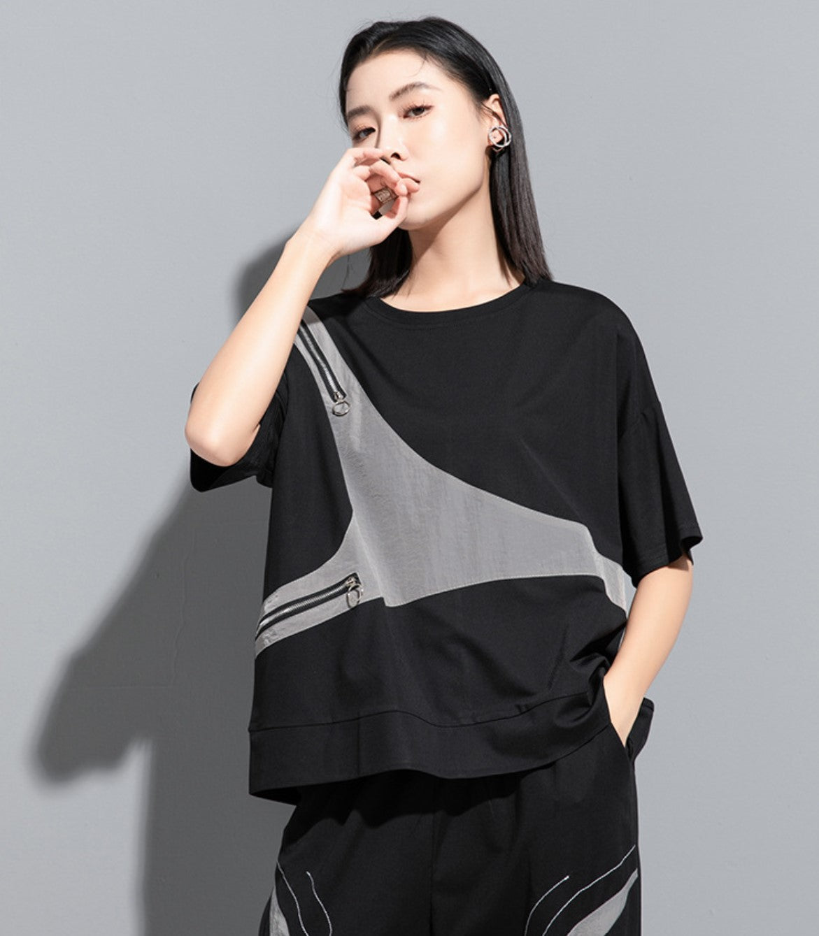 モノトーン半袖Tシャツ/カットソー ダブルファスナー ／TEA