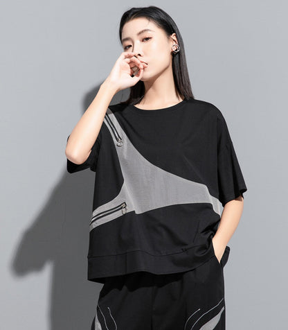 モノトーン半袖Tシャツ/カットソー ダブルファスナー ／TEA