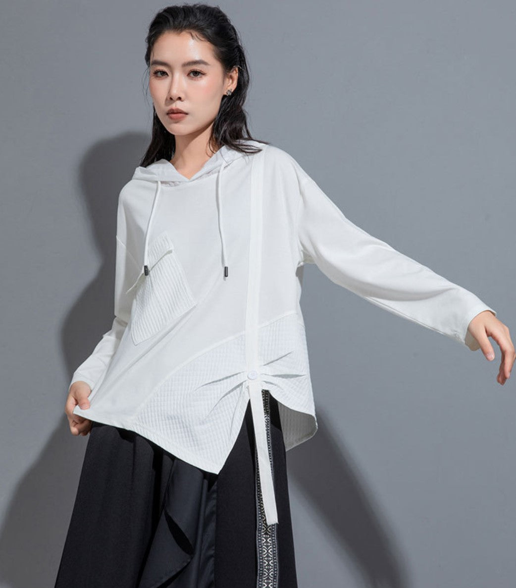 モダンアシンメトリー長袖Tシャツ/カットソー ブラック ホワイト ／TEA