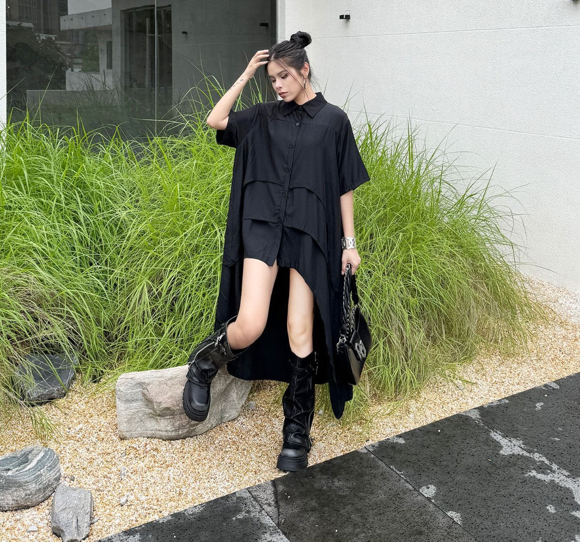 レイヤード風モダンブラックロングシャツ おしゃれ ／TEA