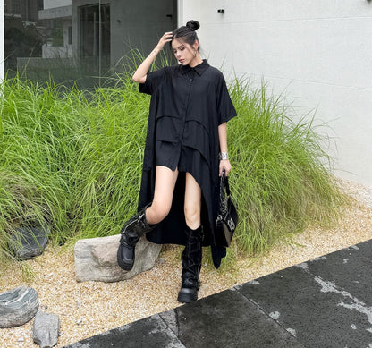 レイヤード風モダンブラックロングシャツ おしゃれ ／TEA
