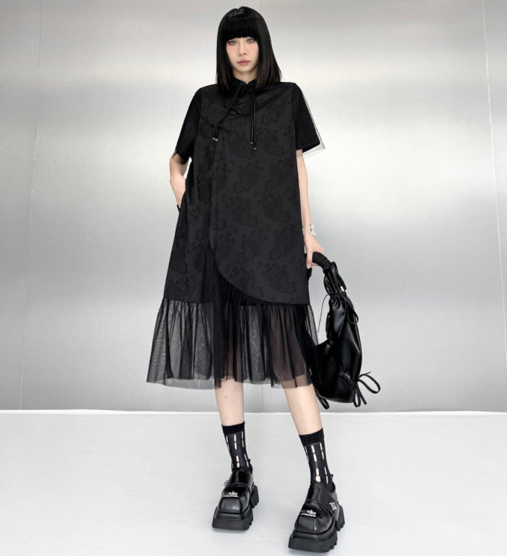裾レース仕様アシンメトリーロングワンピース ブラック おしゃれ ／TEA