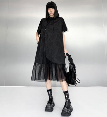裾レース仕様アシンメトリーロングワンピース ブラック おしゃれ ／TEA