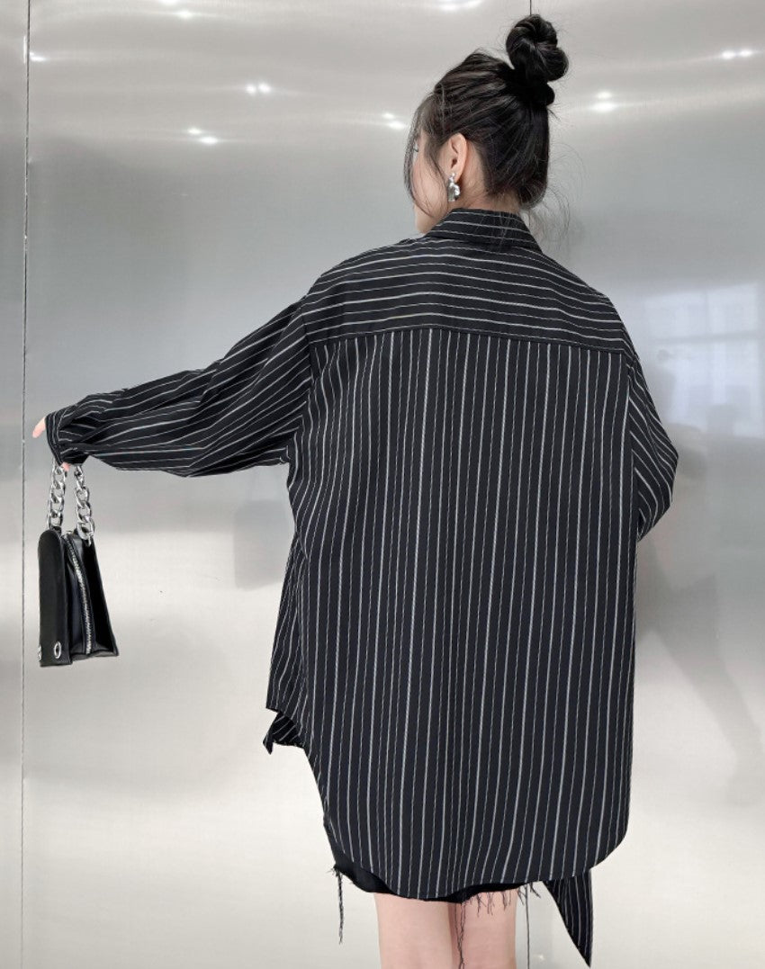 リボンデザイン個性派ビッグ長袖ストライプシャツ おしゃれ ／TEA