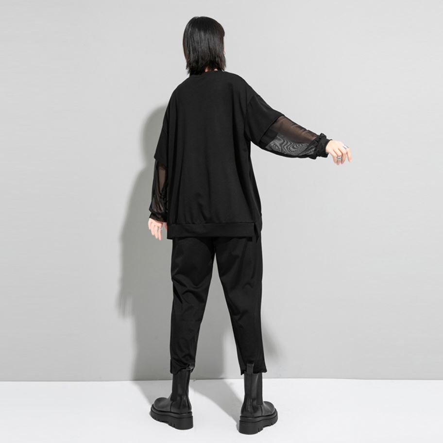 Tメッシュ仕様アシンメトリー長袖Tシャツ/カットソー ファスナー 黒 ブラック ／TEA
