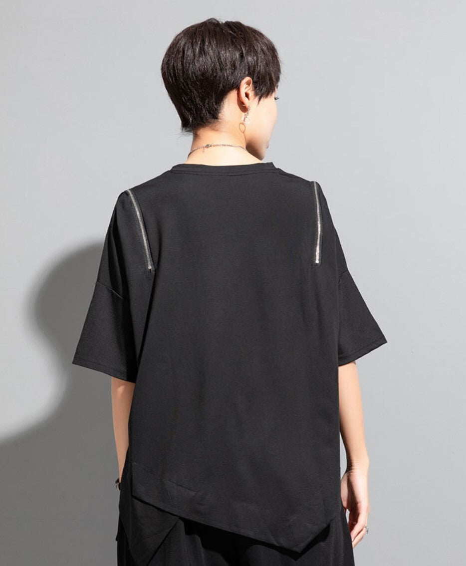 アシンメトリー半袖Tシャツ/カットソー ブラック ホワイト ／TEA